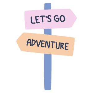 Flat graphic of a sign saying Let's go Adventure