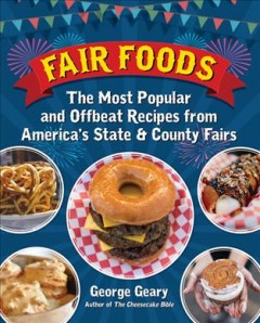 Book cover for Fair Foods. A donut burger is surrounded by other fair foods.